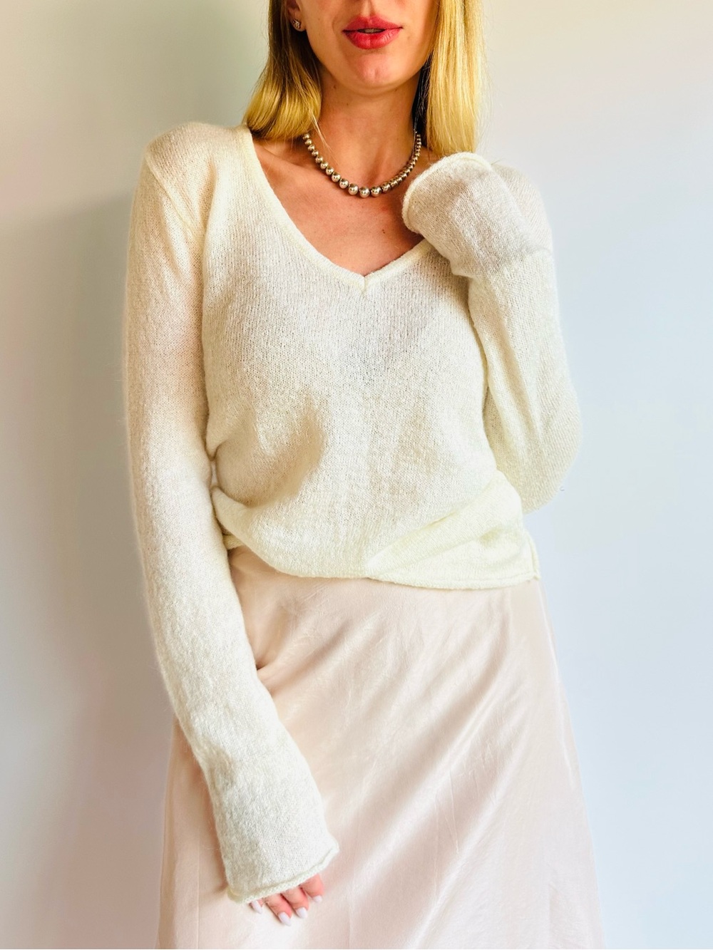 New Brandy Melville Cream Mohair Knit V-Neck Sweater Long Sleeve One Size Boho
